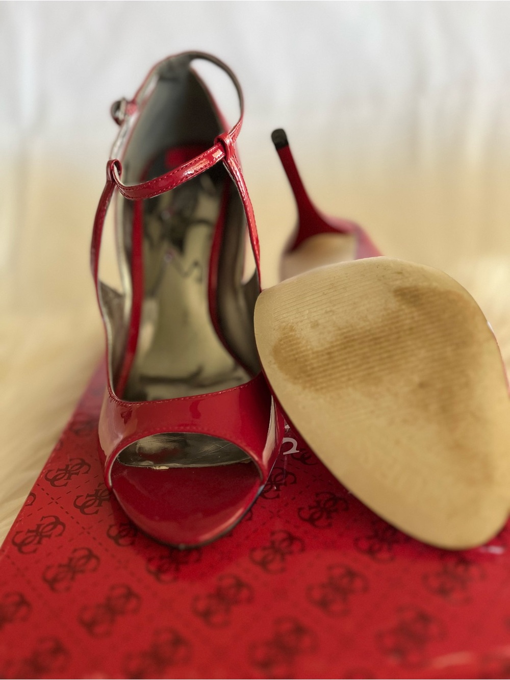 Guess Red Patent Peep-Toe Ankle Strap Heels